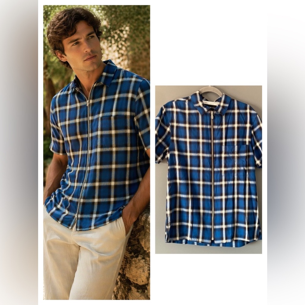The Kooples Plaid Zip Shirt Blue Check Short Sleeve S